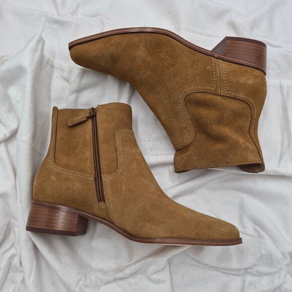 NEW Cole Haan Naia pointed-toe block heel booties golden toffee suede size 8.5 - Picture 2 of 6